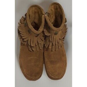 MINNETONKA Fringe Moccasins Boho Festival Brown Suede Boots Woman’s Size 7.5 US